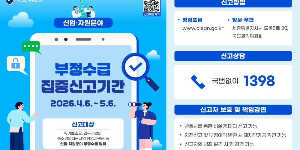 부정수급 집중신고기간(2026. 4. 6.~5. 6.) 신고대상: 유가보조금, 연구개발비, 중소기업지원사업, 창업지원금 등