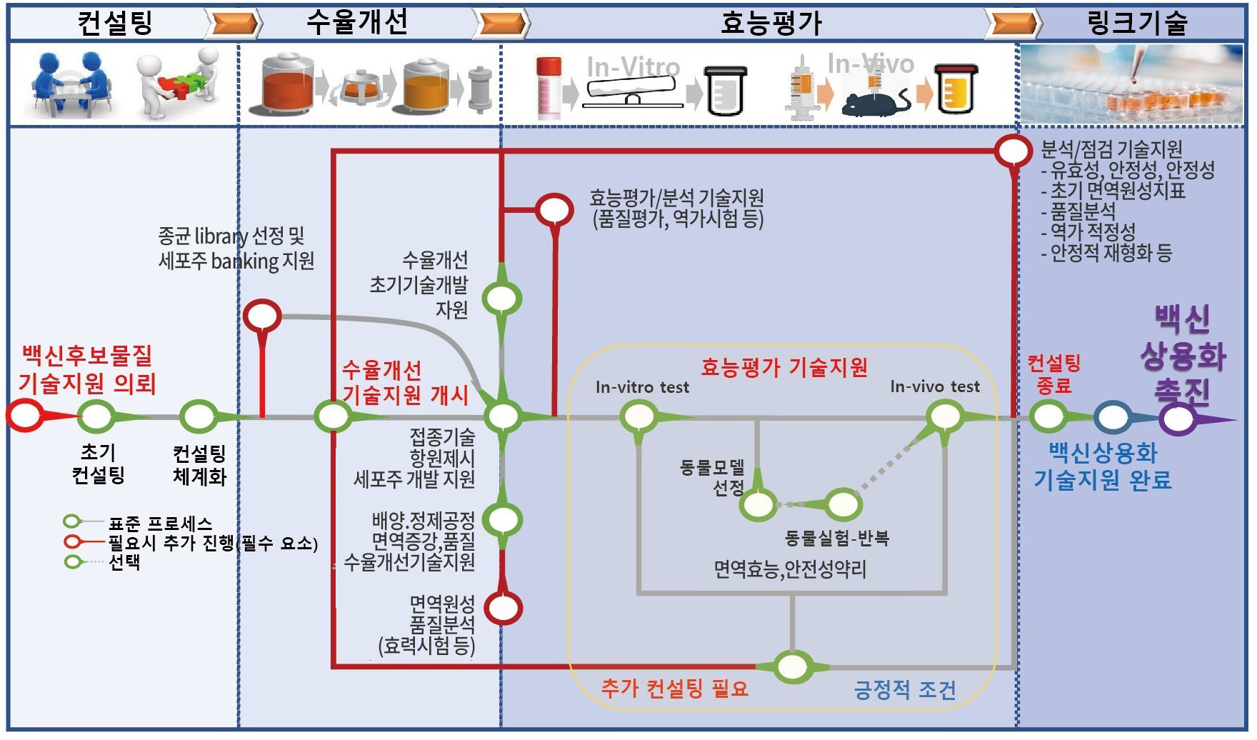백신 기술지원 프로세스 흐름도 : 컨설팅 > 수율 개선 > 효능평가 > 링크기술 : 
		컨설팅영역[백신후보물질 기술지원 의뢰 > 초기컨설팅 > 컨설팅 체계화]
		수율개선영역[종균 library 선정 및 세포주 banking 지원 > 수율개선 기술지원 개시 > {수율개선 초기기술개발자원, 접종기술항원제시 세포주 개발 지원, 배양.정제공정 면역증강, 품질 수율개선기술지원, 면역원성 품질분석(효력시험 등)} ]
		효능평가영역[ 효능평가/분석 기술지원(품질평가, 역가시험 등) > {효능평가 기술지원 영역 : In-vitro test > 면역효능, 안정성 약리(동물모델선정, 동물실험-반복)} ]
		링크기술영역[분석/점검 기술지원(-유효성, 안정성 - 초기 면역원성지표 - 품질분석 - 역가 적정성 - 안정적 재형화 등) > 컨설팅 종료 > 백신상용화 기술지원 완료 > 백신 상용화 촉진]
			